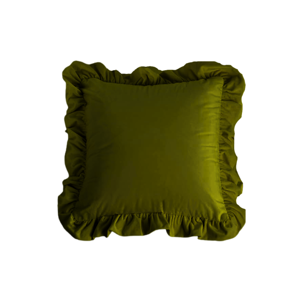 Olive Ruffle Velvet Throw Pillow