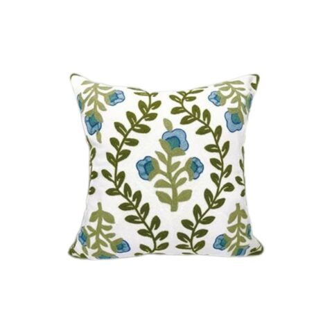 Blue Floral Embroidered Throw Pillow