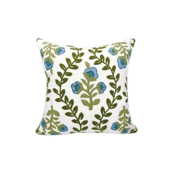 Blue Floral Embroidered Throw Pillow